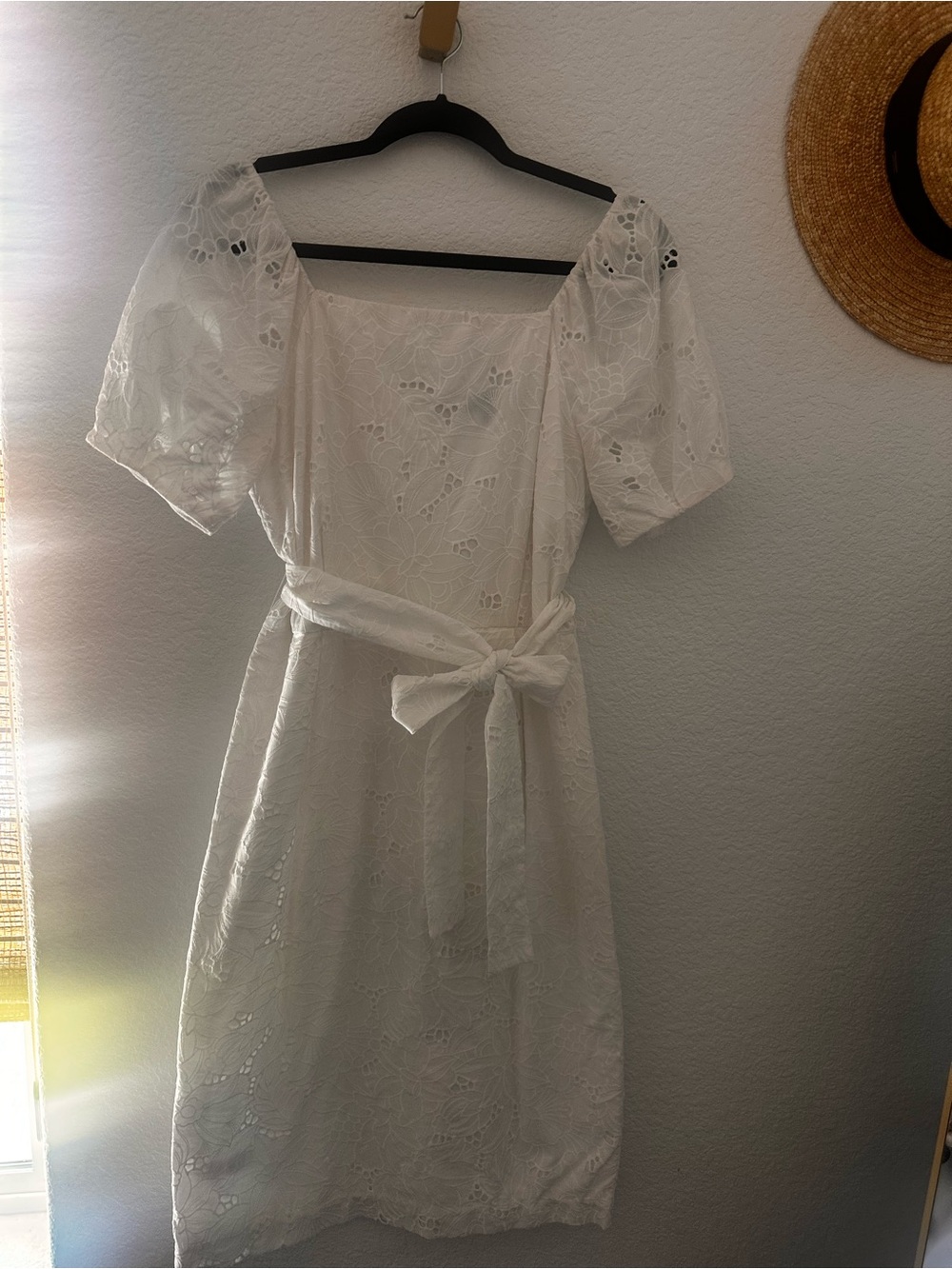 Ann Taylor White Eyelet Midi Dress with Tie Waist